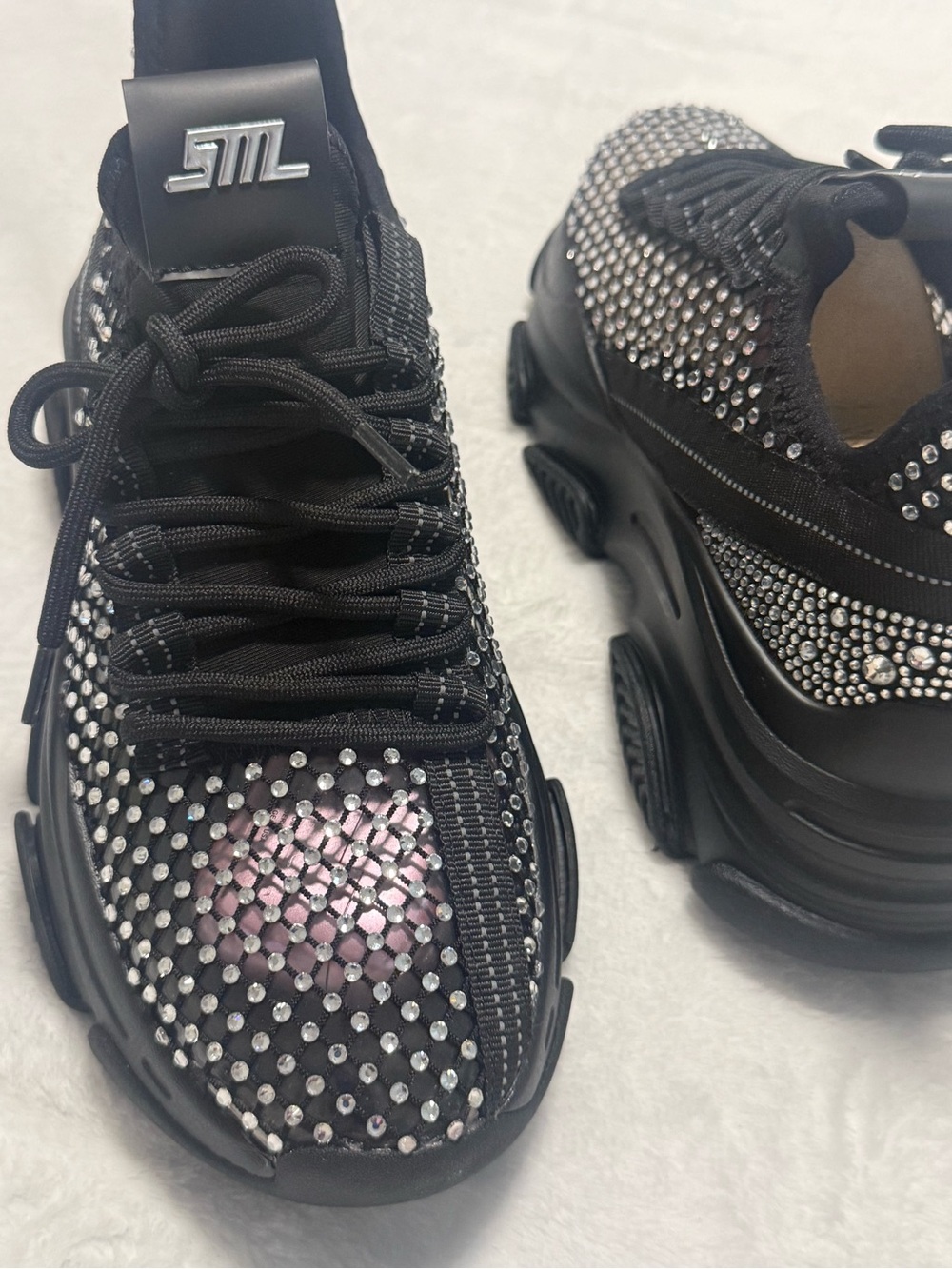 Steve Madden Blk Rhinestone Chunky Lace-Up Sneakers with Clear See Through sides - Picture 5 of 7